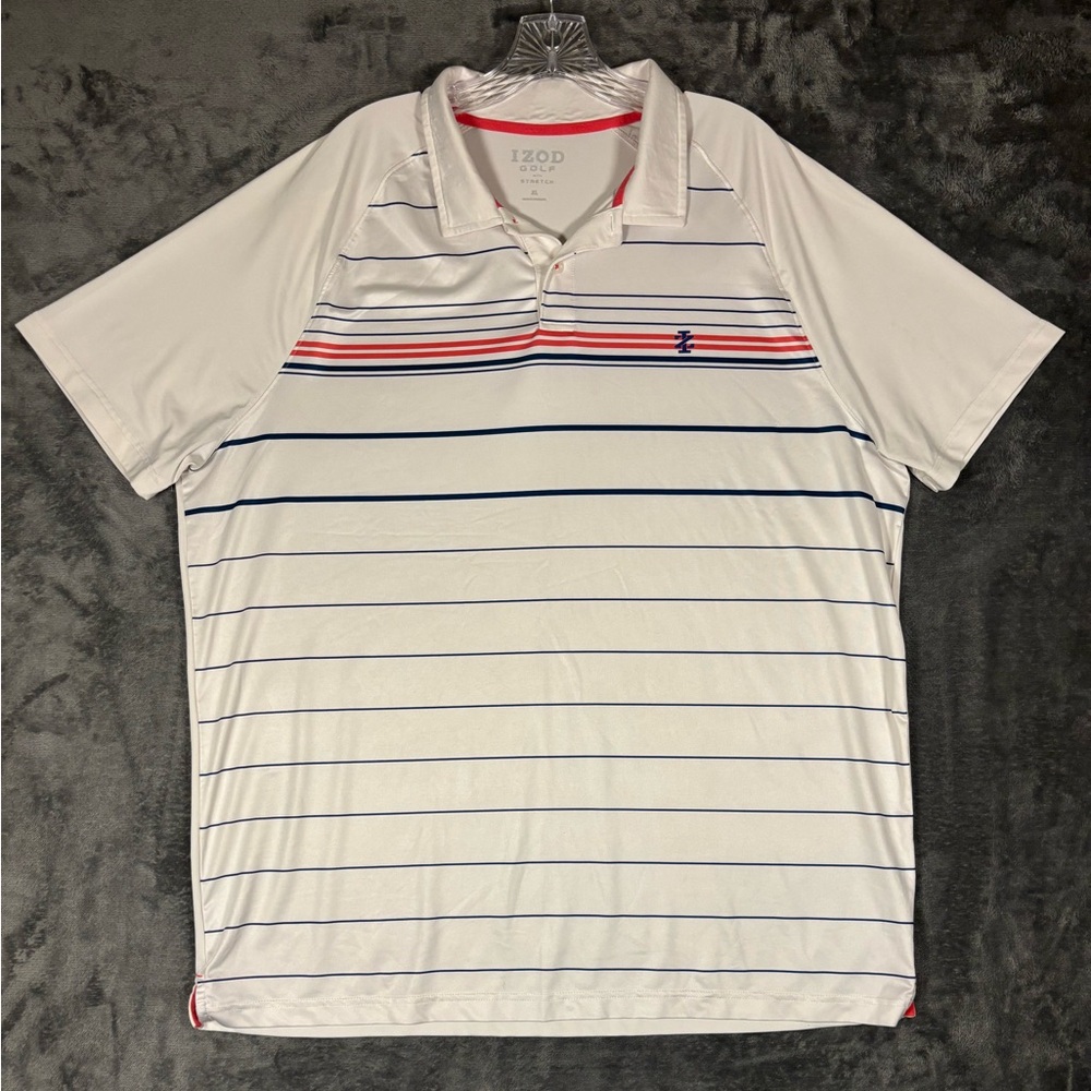 IZOD Golf Stretch Mens XL Navy Blue and White Striped Polo Shirt Performance
